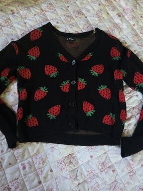 art class Black Cropped Cardigan with Red Strawberry Motif